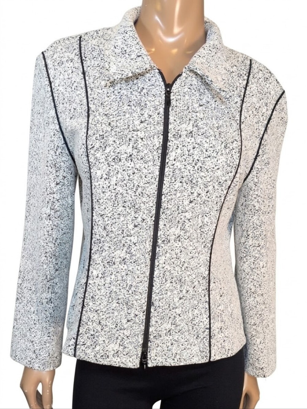 Joseph Ribkoff Vintage Textured Zip Front Jacket Black White Collared Blazer